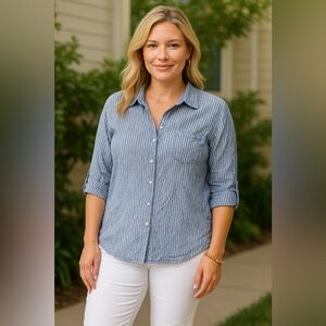 Lane Bryant Blue White Striped Crinkle Button Down Top – Size 22